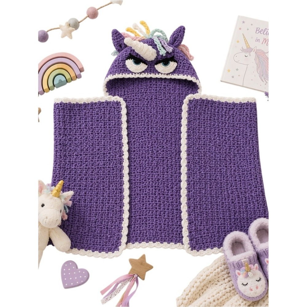 Handmade Crochet Unicorn Hooded Poncho Blanket Purple White Kids One Size in GUC